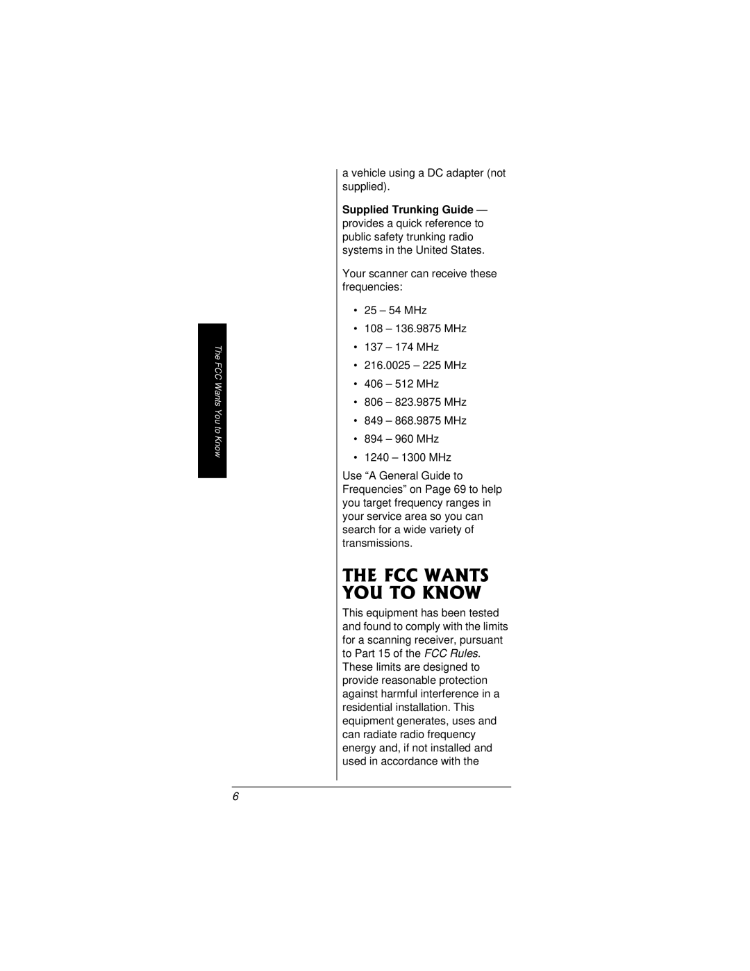 Radio Shack PRO-95 owner manual FCC Wants YOU to Know, Vehicle using a DC adapter not supplied 