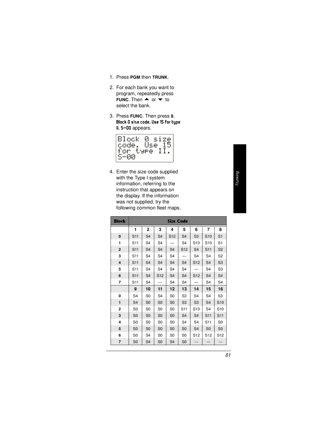 Radio Shack PRO-95 owner manual Block 0 size code. Use 15 for type II. S-00 appears, Block Size Code 