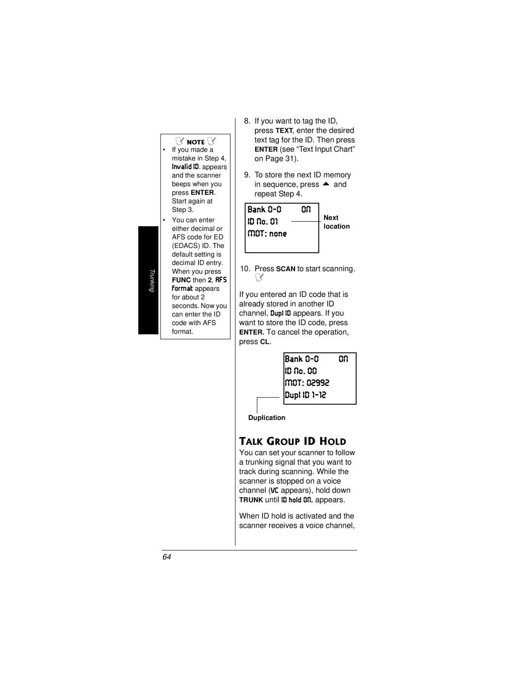 Radio Shack PRO-95 owner manual ID No, Invalid ID. appears, Dupl ID, Talk Group ID Hold 