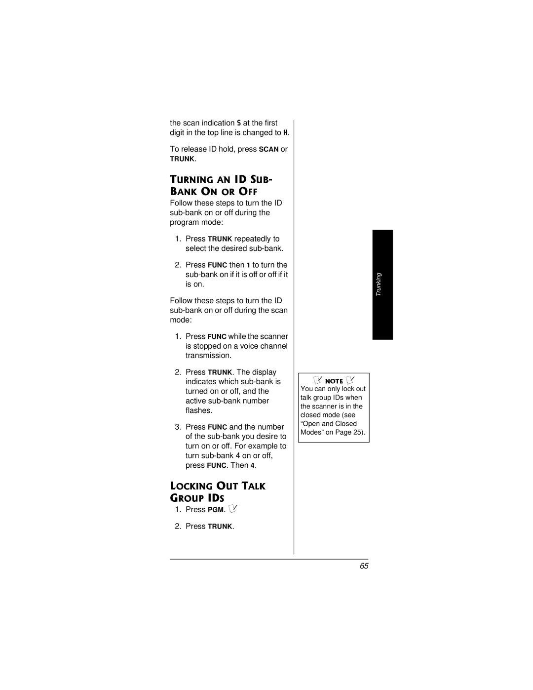 Radio Shack PRO-95 Turning AN ID SUB- Bank on or OFF, Locking OUT Talk Group IDS, To release ID hold, press Scan or 