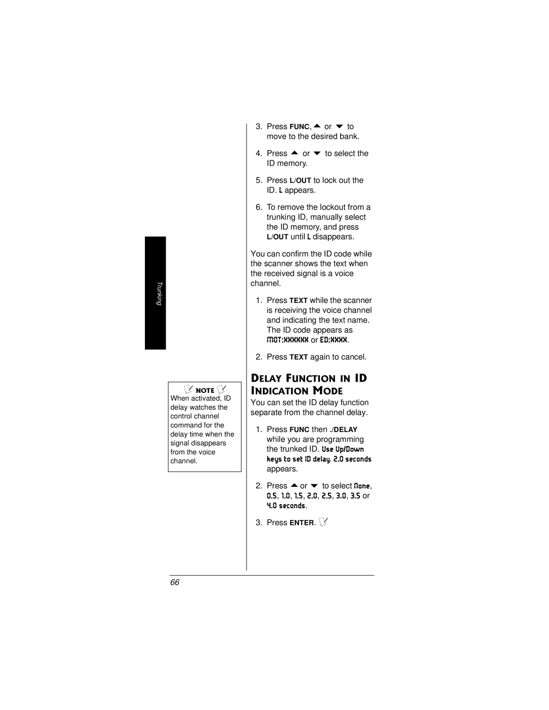 Radio Shack PRO-95 owner manual Motxxxxxx or Edxxxx, Delay Function in ID Indication Mode, Keys to set ID delay .0 seconds 