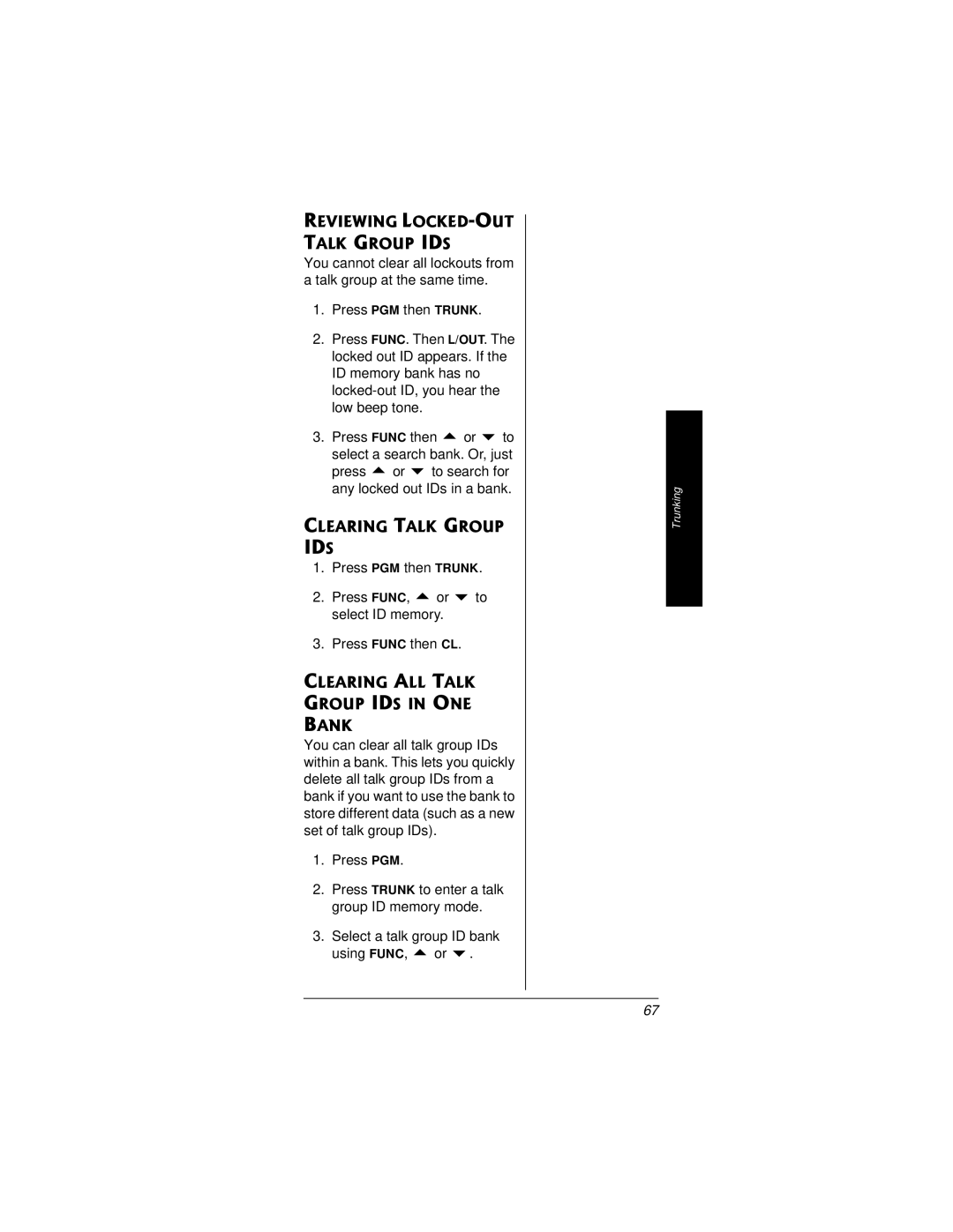 Radio Shack PRO-95 Reviewing LOCKED-OUT Talk Group IDS, Clearing Talk Group, Clearing ALL Talk Group IDS in ONE Bank 