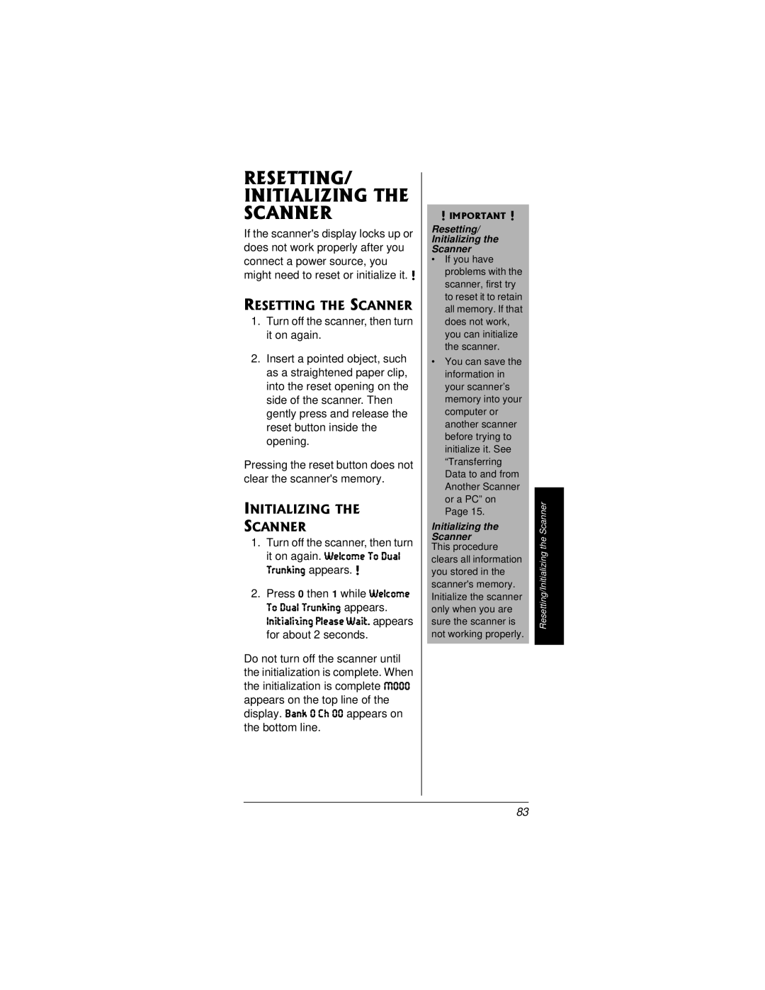 Radio Shack PRO-95 RESETTING/ Initializing the Scanner, Resetting the Scanner, Initializing Scanner, Bottom line 