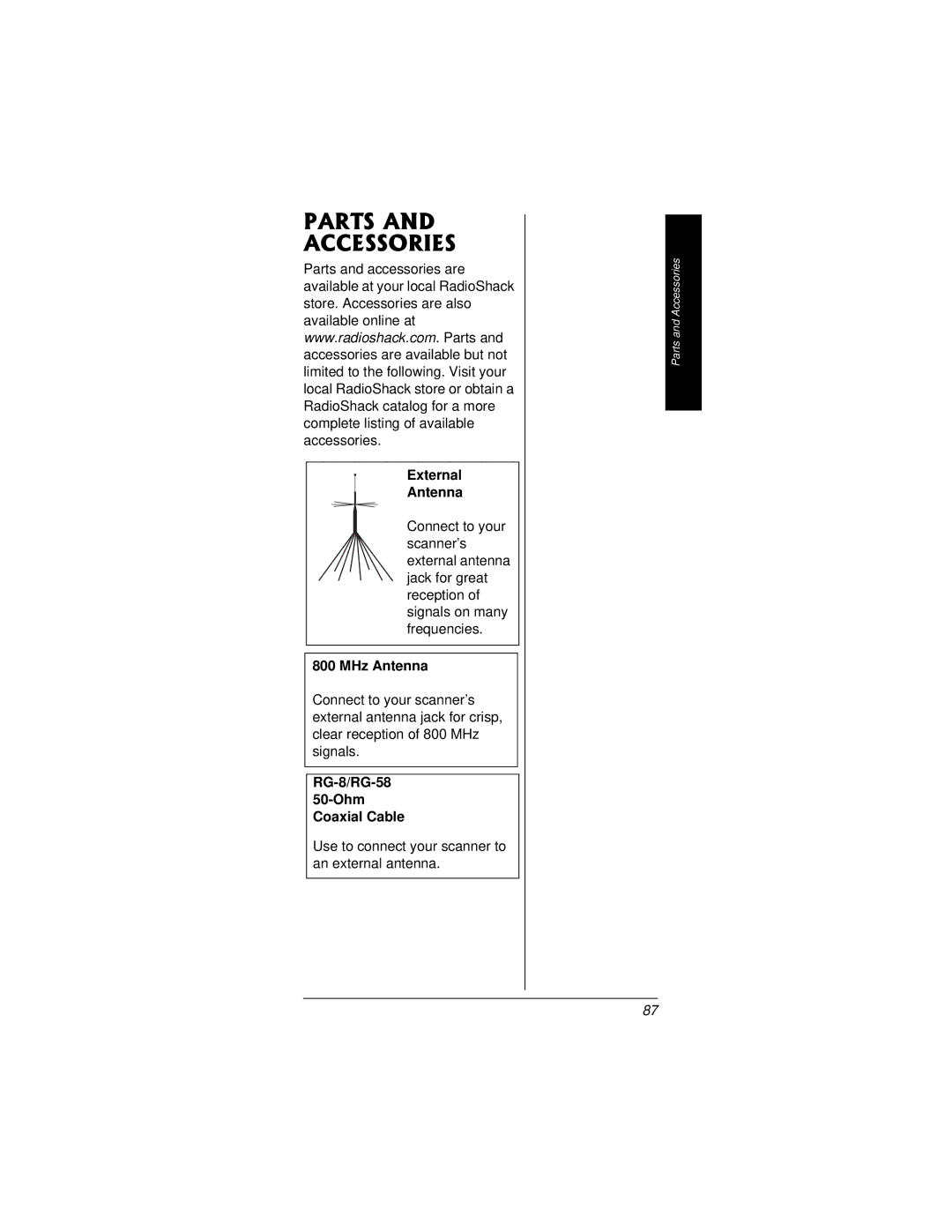 Radio Shack PRO-95 owner manual Parts Accessories, External Antenna, MHz Antenna, RG-8/RG-58 50-Ohm Coaxial Cable 