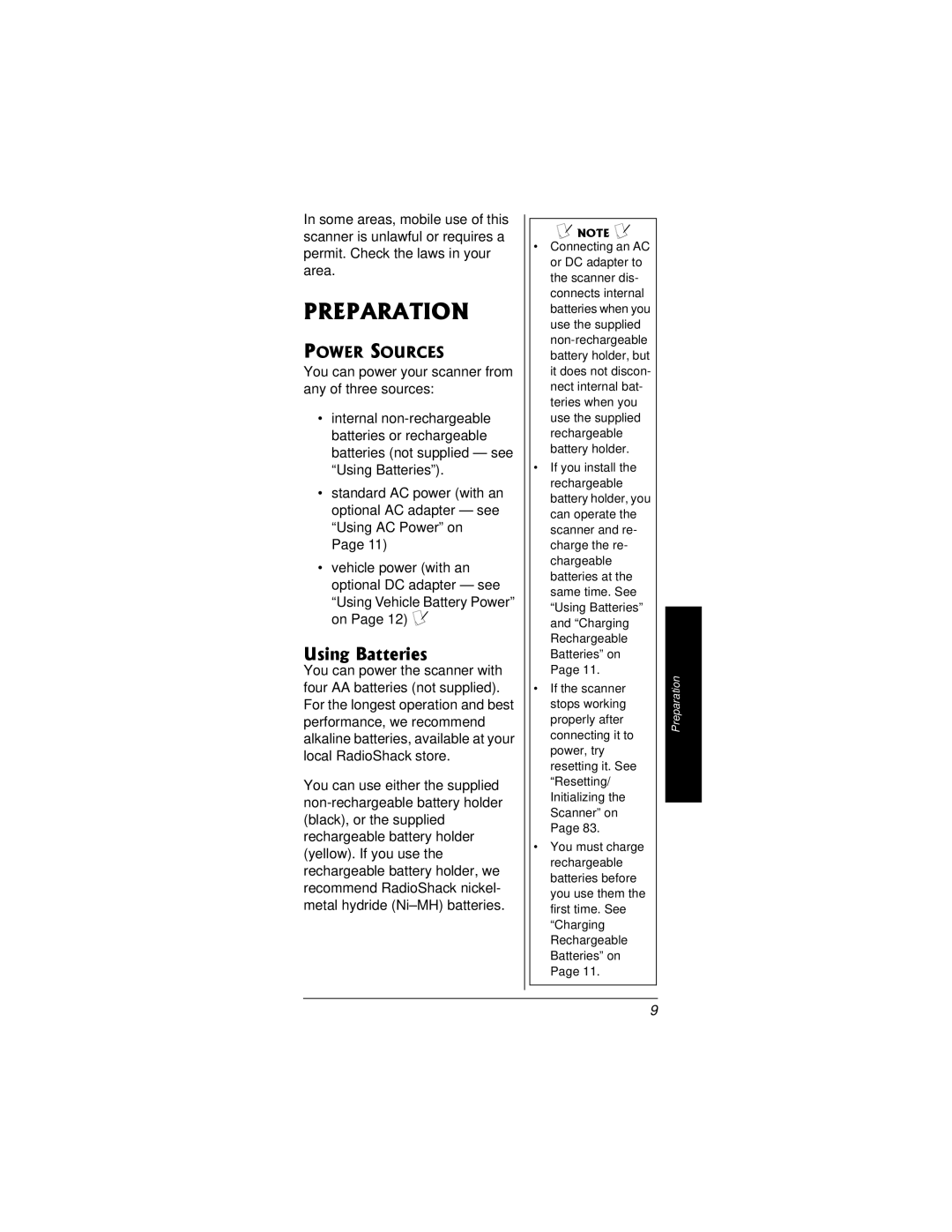 Radio Shack PRO-95 owner manual Preparation, Using Batteries, Power Sources, Using Vehicle Battery Power on Page 12 Ô 