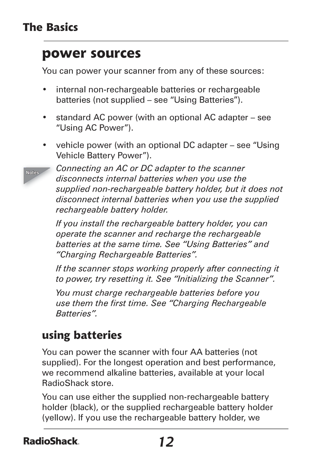 Radio Shack PRO-97 manual Power sources, Using batteries 