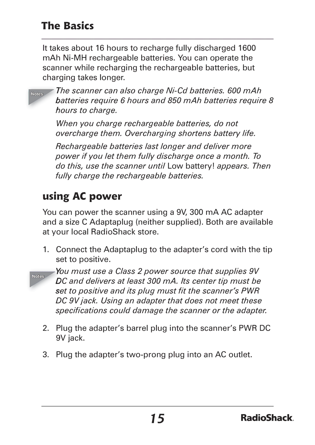 Radio Shack PRO-97 manual Using AC power 