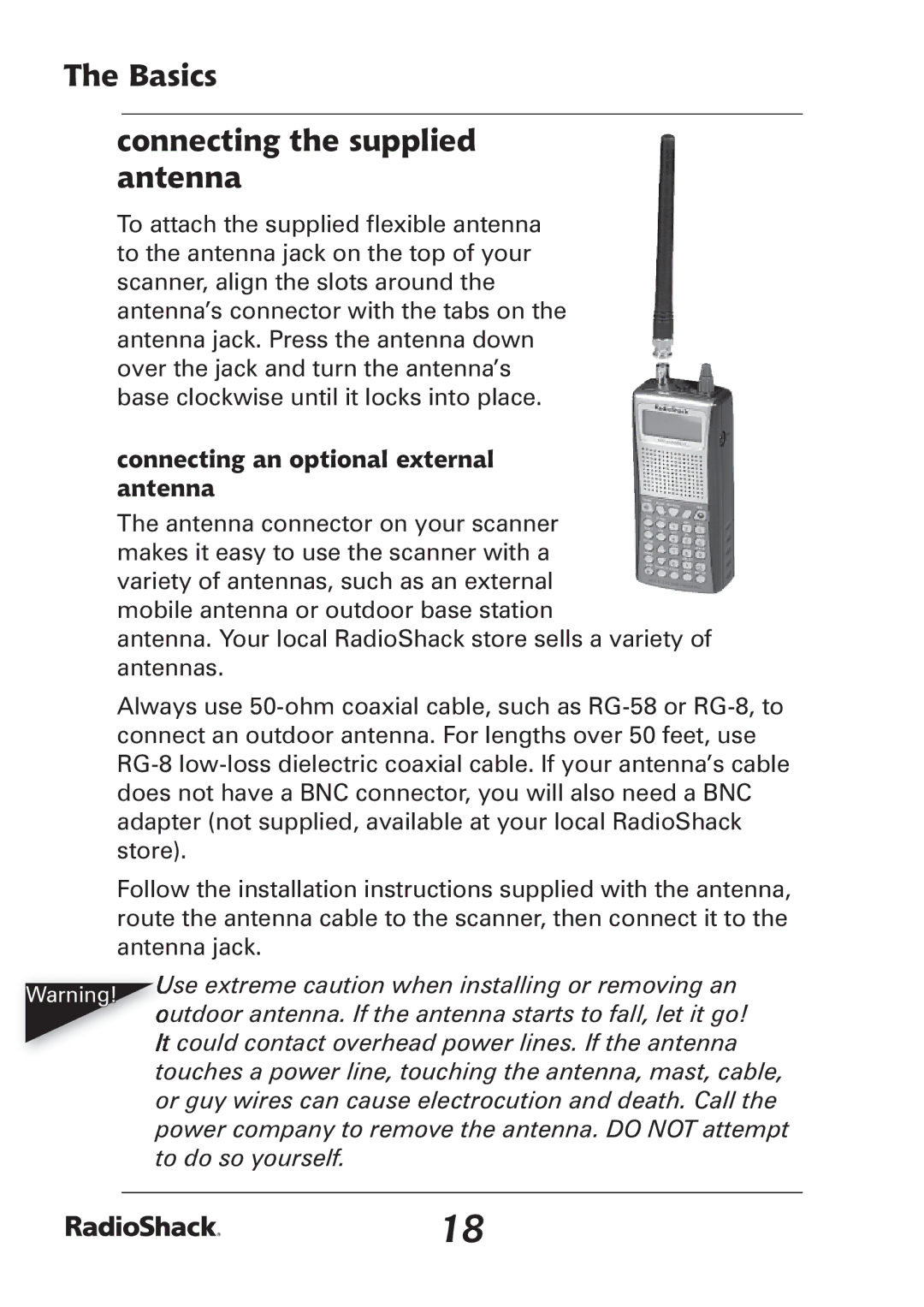 Radio Shack PRO-97 manual Basics Connecting the supplied antenna, Connecting an optional external antenna 