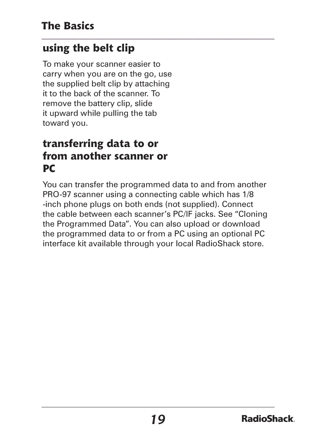 Radio Shack PRO-97 manual Basics Using the belt clip, Transferring data to or from another scanner or 