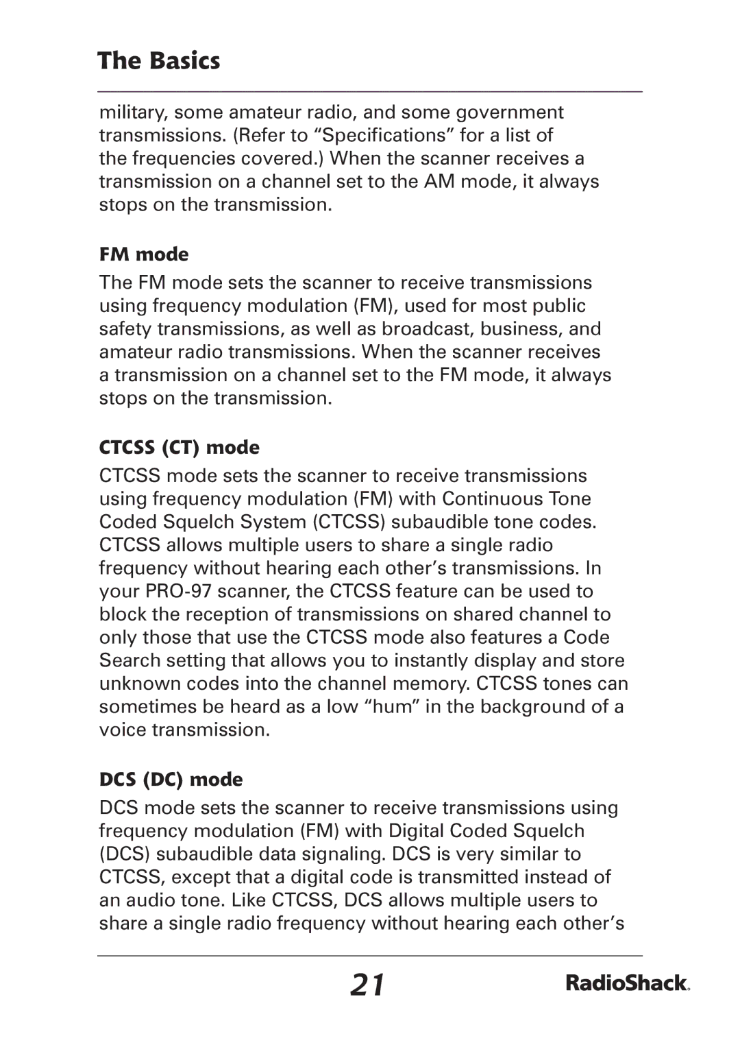 Radio Shack PRO-97 manual FM mode, Ctcss CT mode, DCS DC mode 