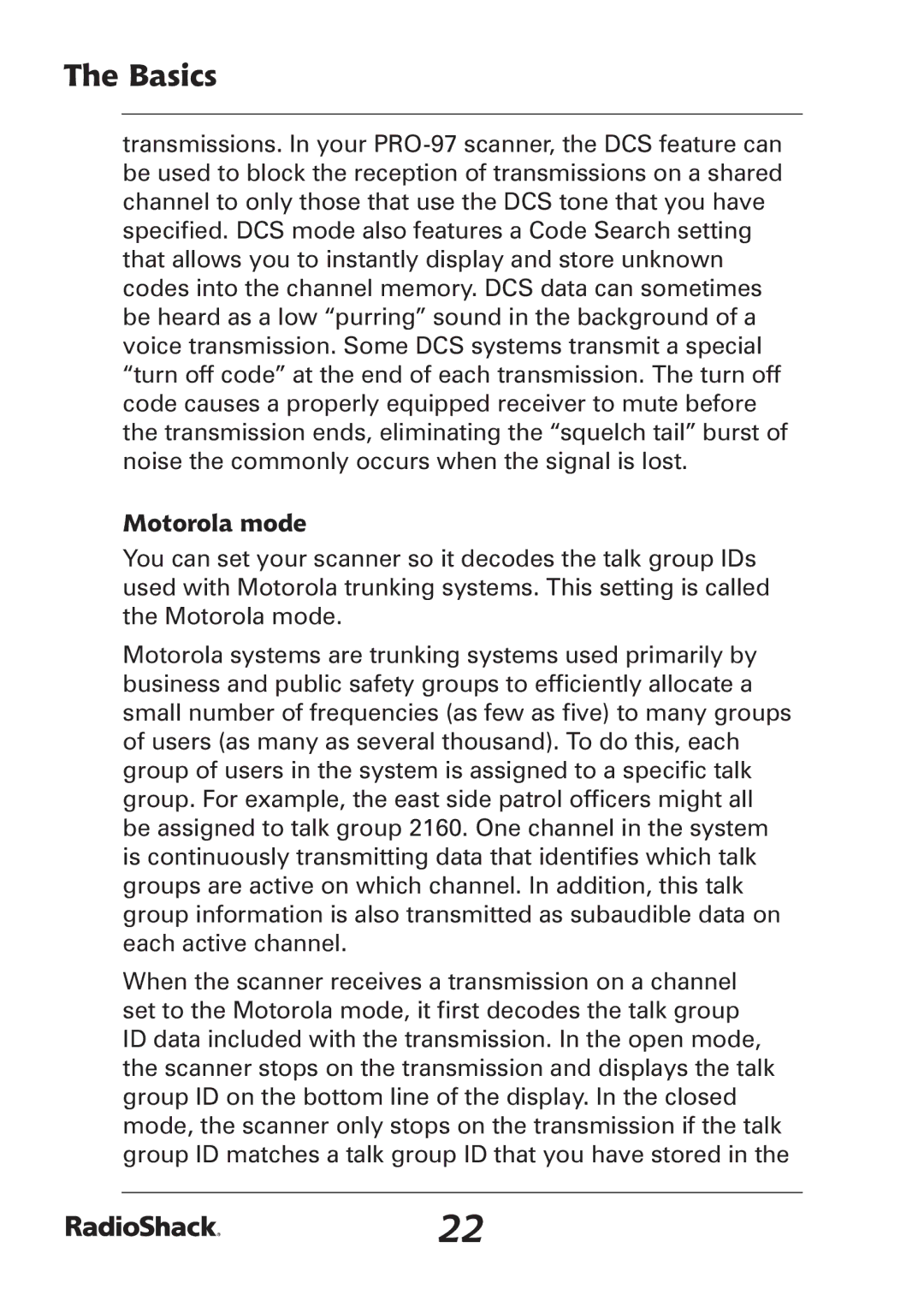 Radio Shack PRO-97 manual Motorola mode 