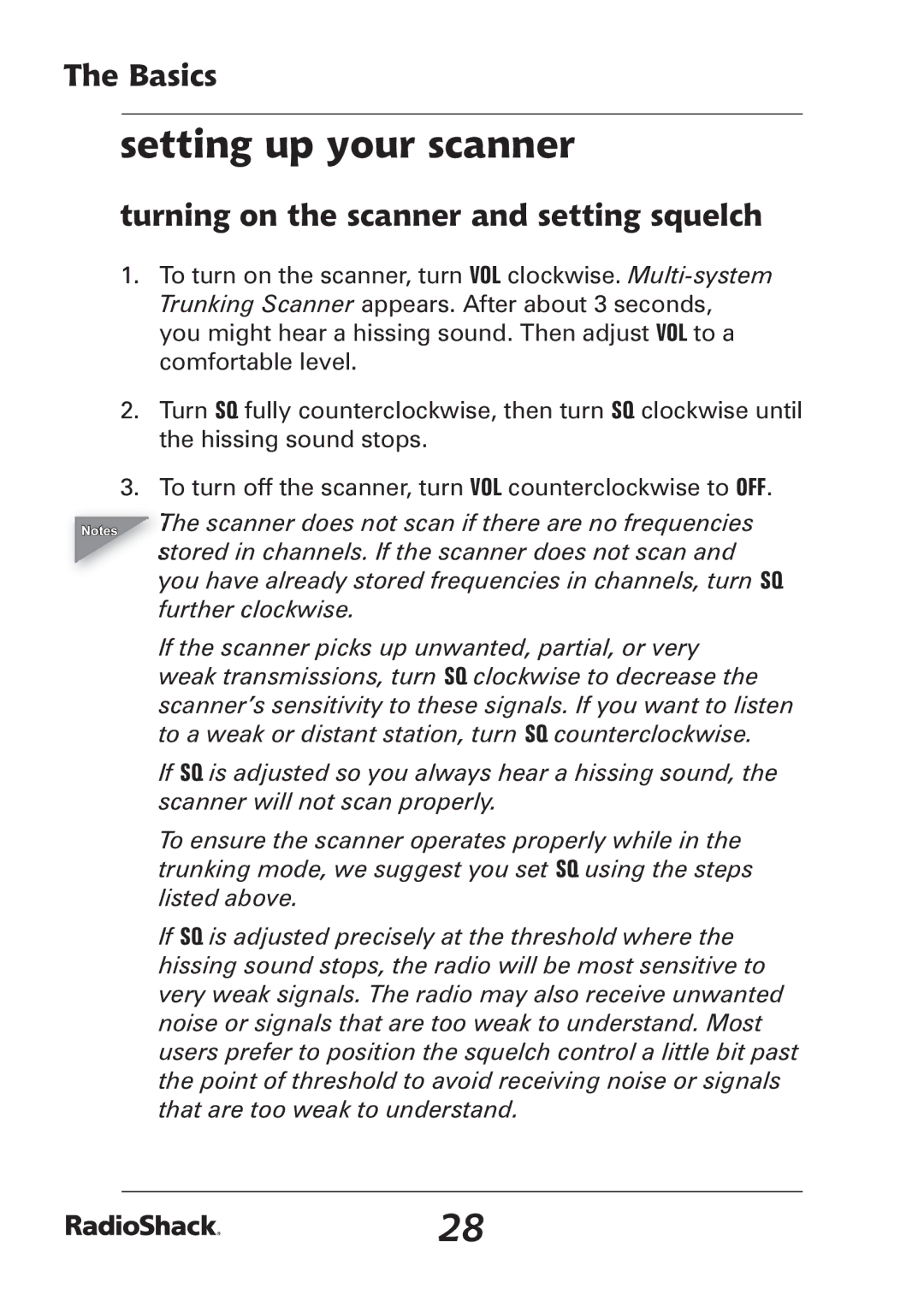 Radio Shack PRO-97 manual Setting up your scanner, Turning on the scanner and setting squelch 