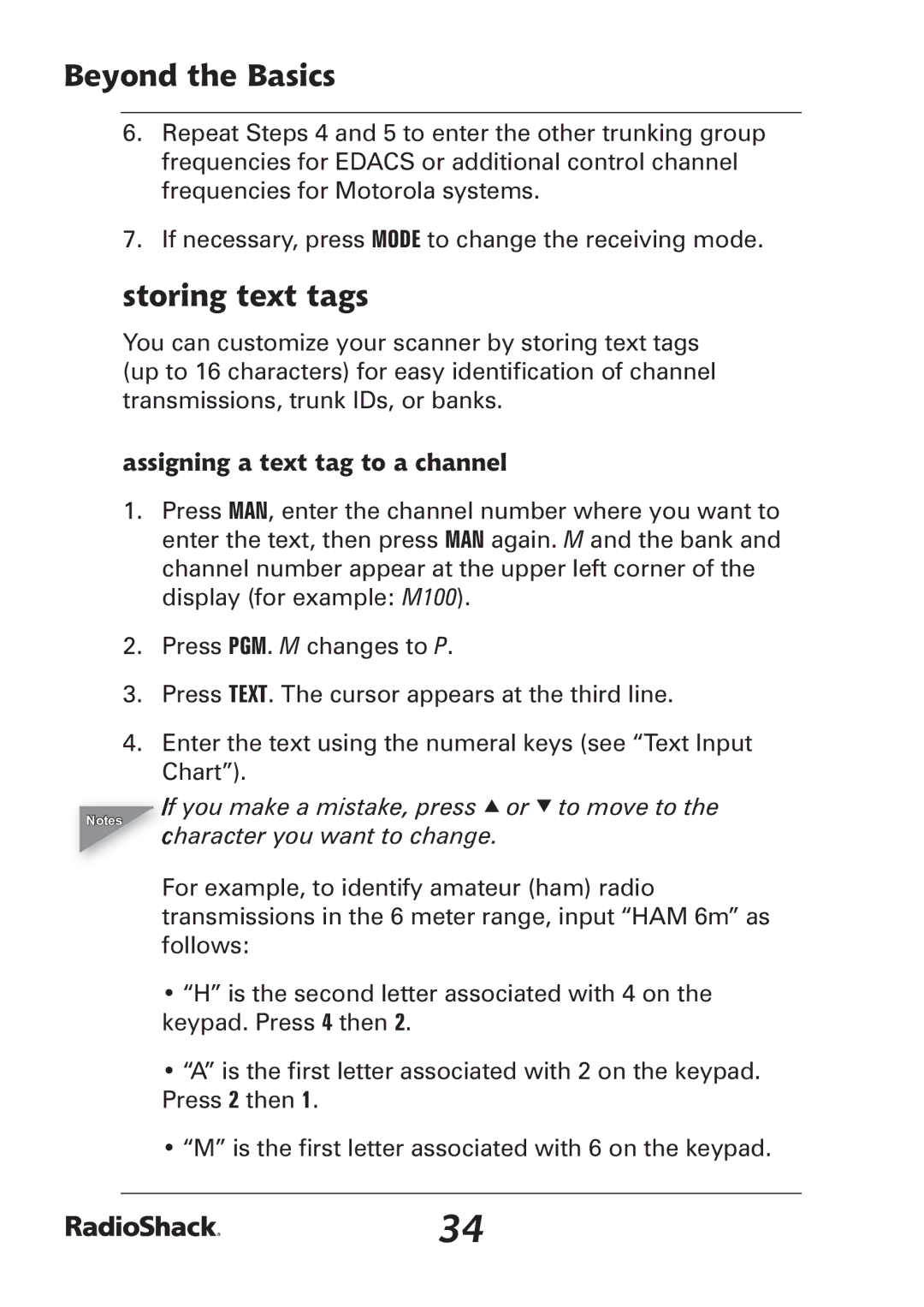 Radio Shack PRO-97 manual Storing text tags, Assigning a text tag to a channel 