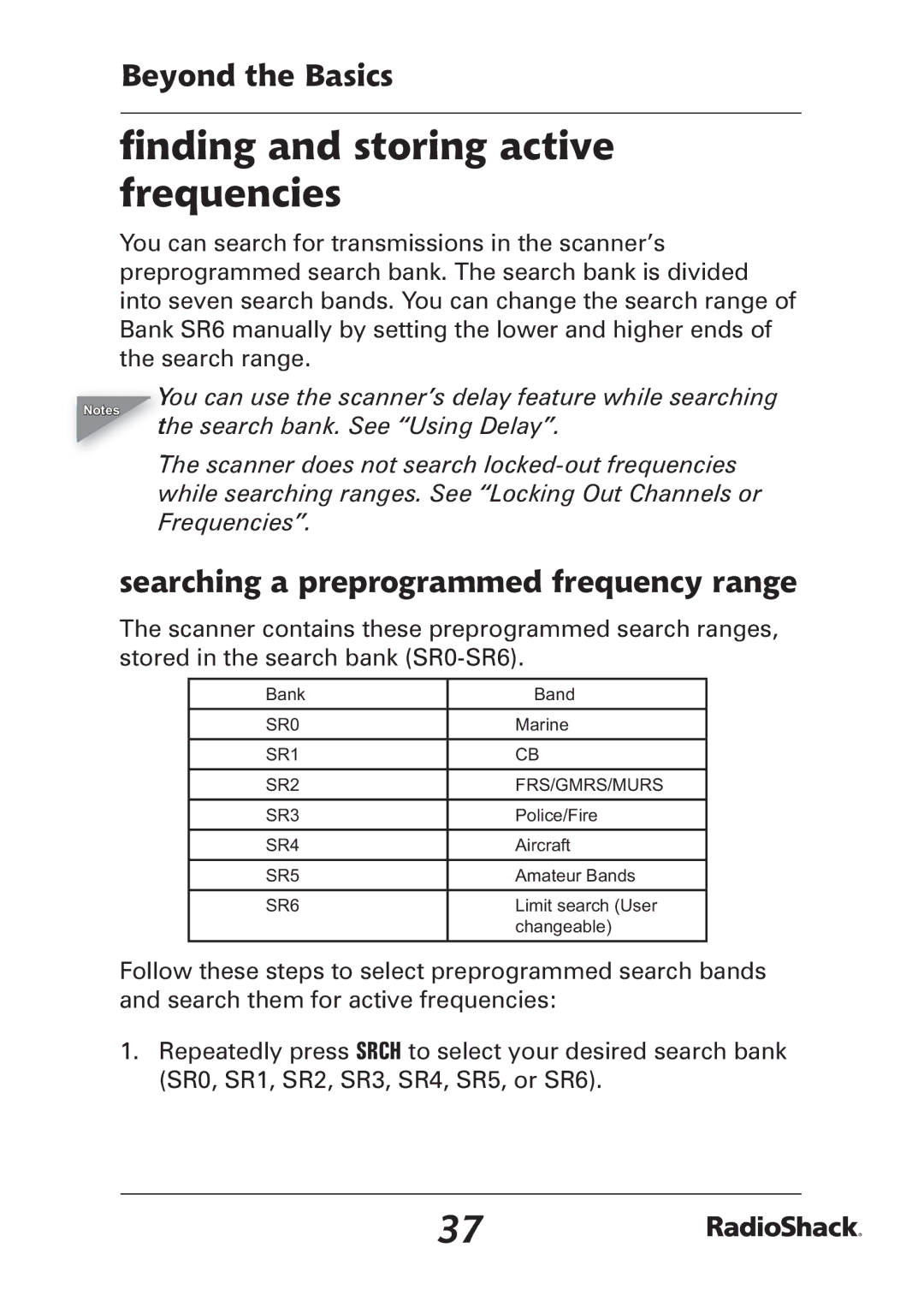 Radio Shack PRO-97 manual ﬁnding and storing active frequencies, Searching a preprogrammed frequency range 