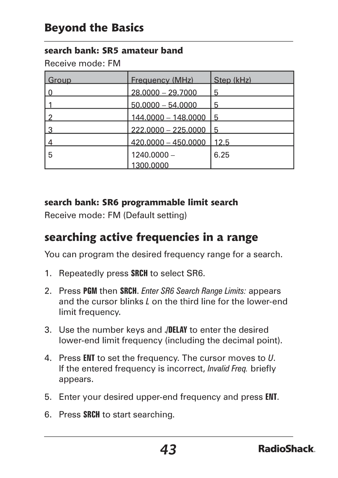 Radio Shack PRO-97 manual Searching active frequencies in a range, Search bank SR5 amateur band 