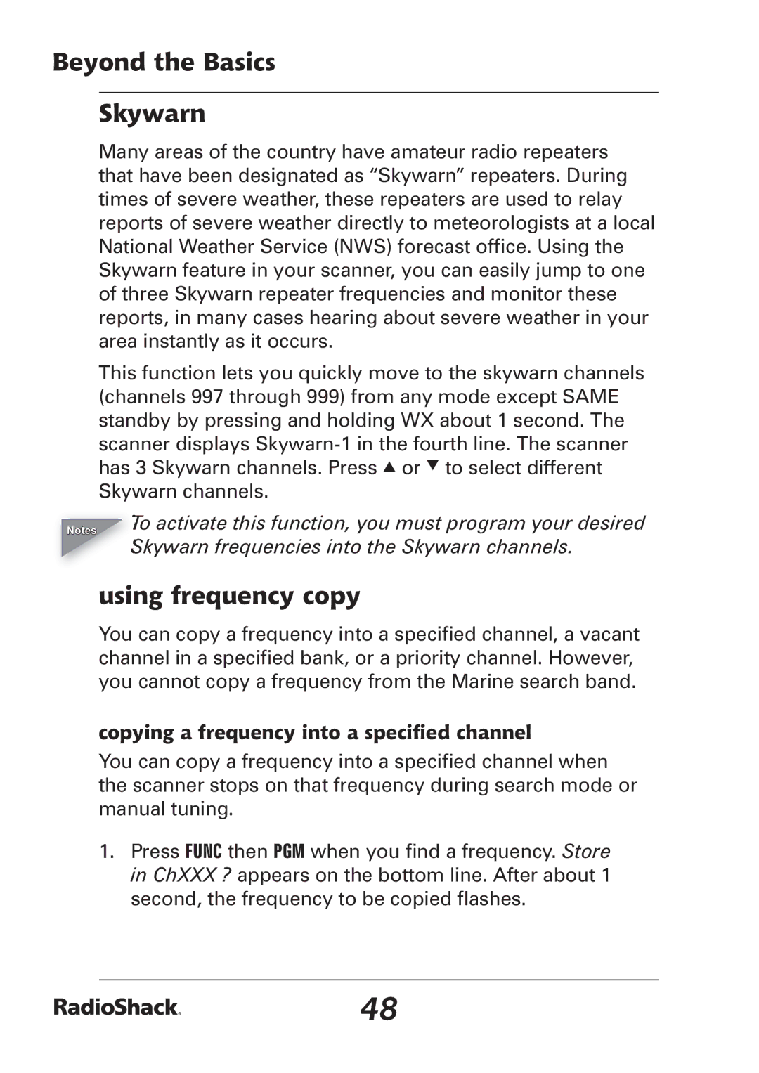 Radio Shack PRO-97 manual Beyond the Basics Skywarn, Using frequency copy, Copying a frequency into a speciﬁed channel 