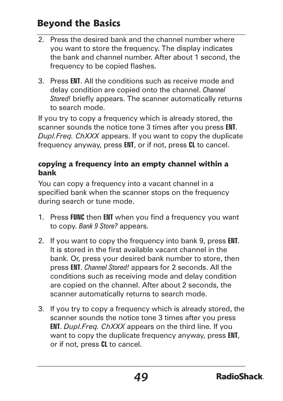 Radio Shack PRO-97 manual Copying a frequency into an empty channel within a bank 