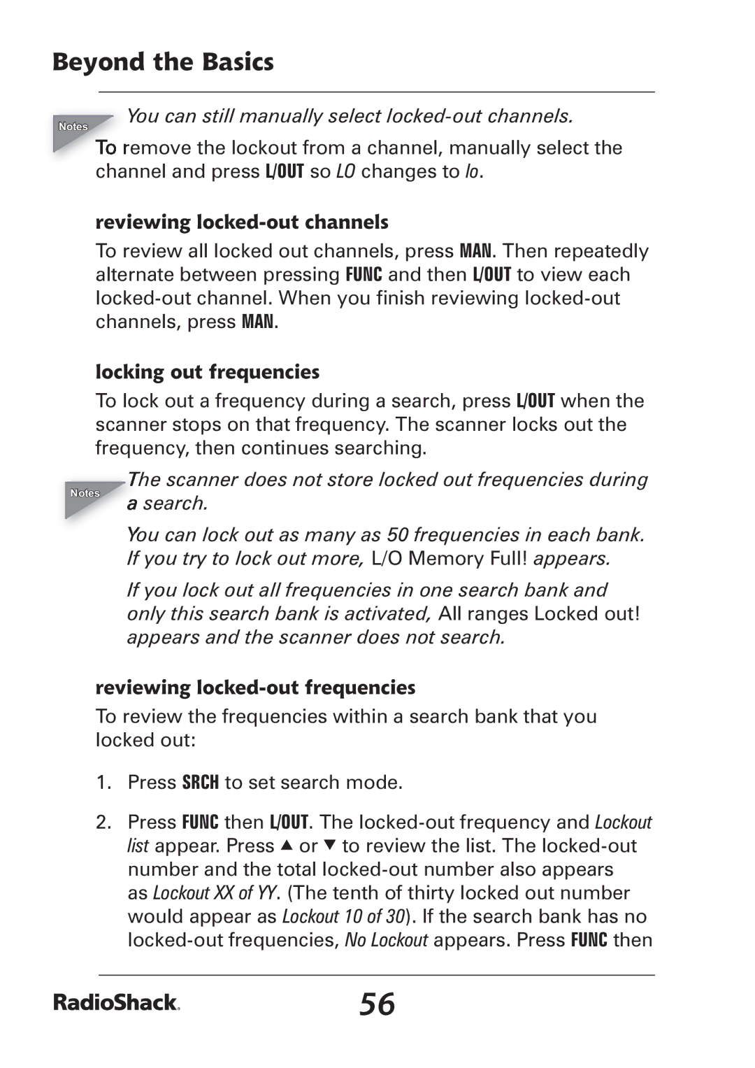 Radio Shack PRO-97 manual Reviewing locked-out channels, Locking out frequencies, Reviewing locked-out frequencies 