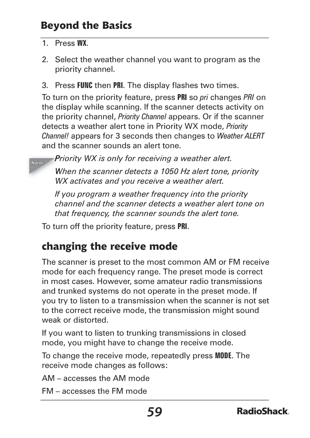 Radio Shack PRO-97 manual Changing the receive mode 