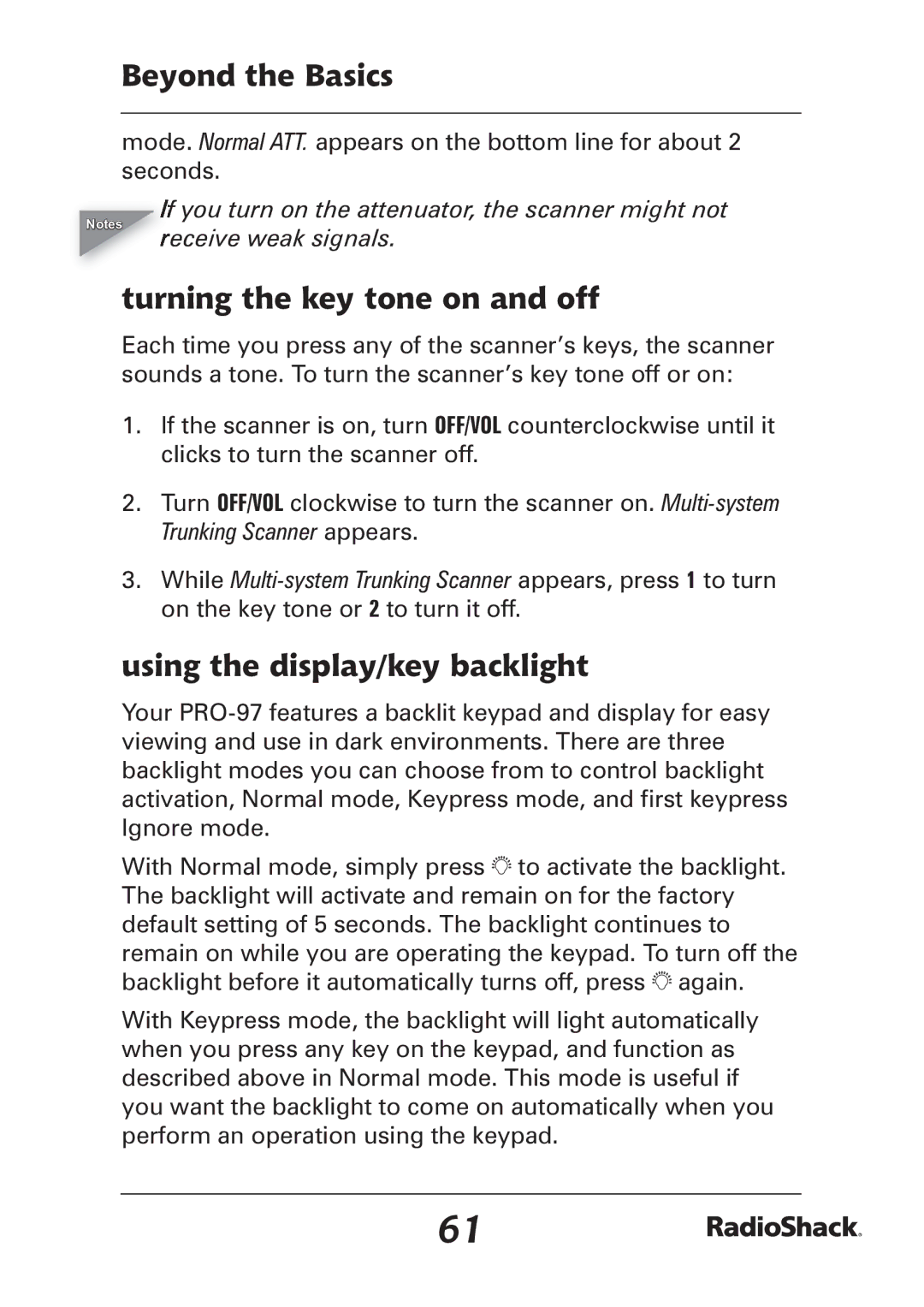 Radio Shack PRO-97 manual Turning the key tone on and off, Using the display/key backlight 