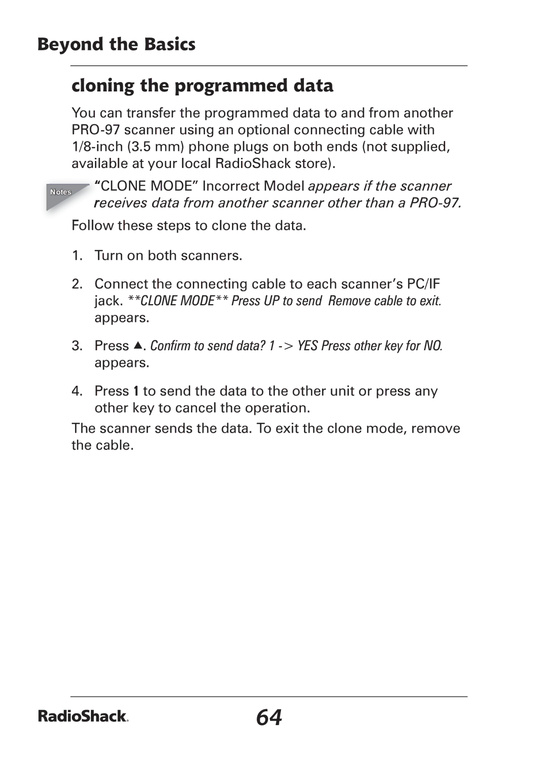 Radio Shack manual Beyond the Basics Cloning the programmed data, Receives data from another scanner other than a PRO-97 