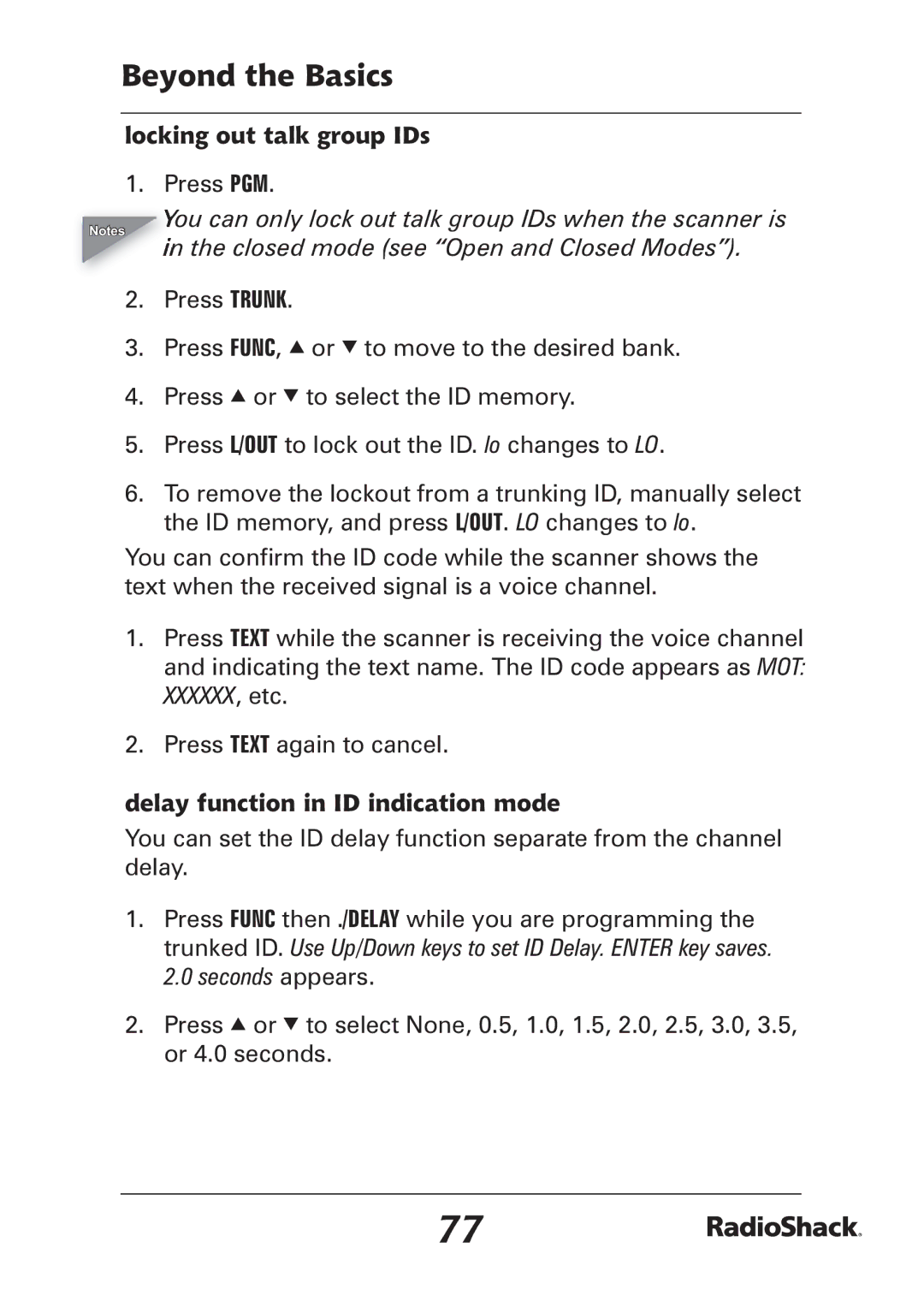 Radio Shack PRO-97 manual Locking out talk group IDs, Delay function in ID indication mode 