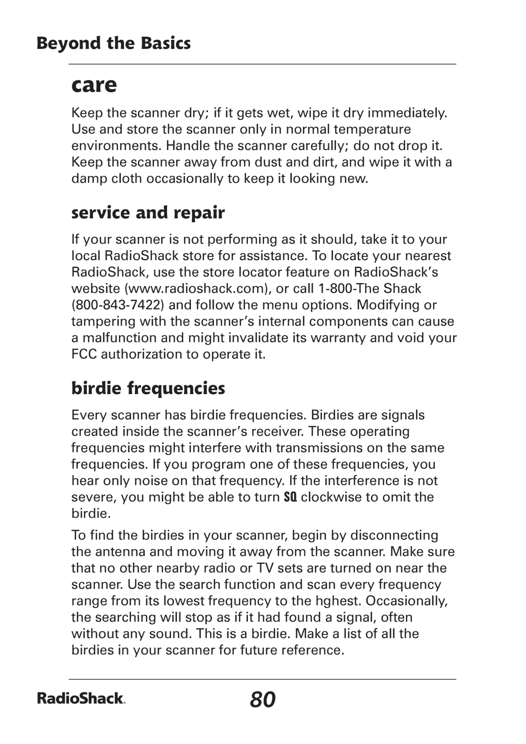 Radio Shack PRO-97 manual Care, Service and repair, Birdie frequencies 