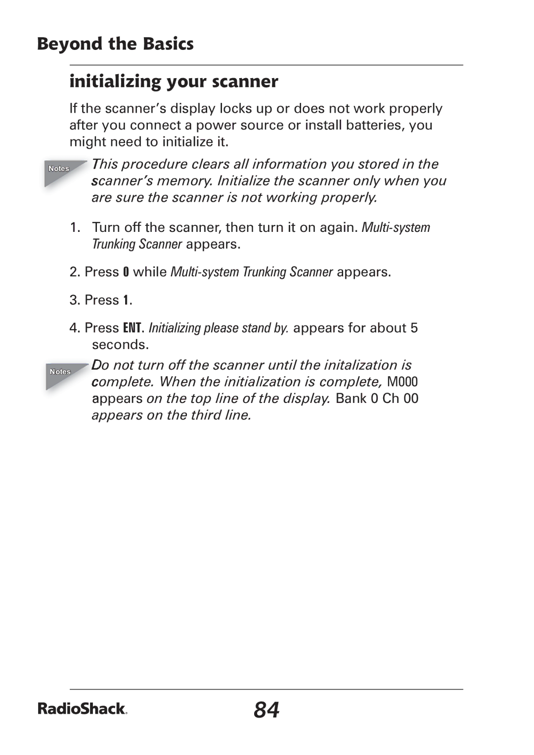 Radio Shack PRO-97 manual Beyond the Basics Initializing your scanner 