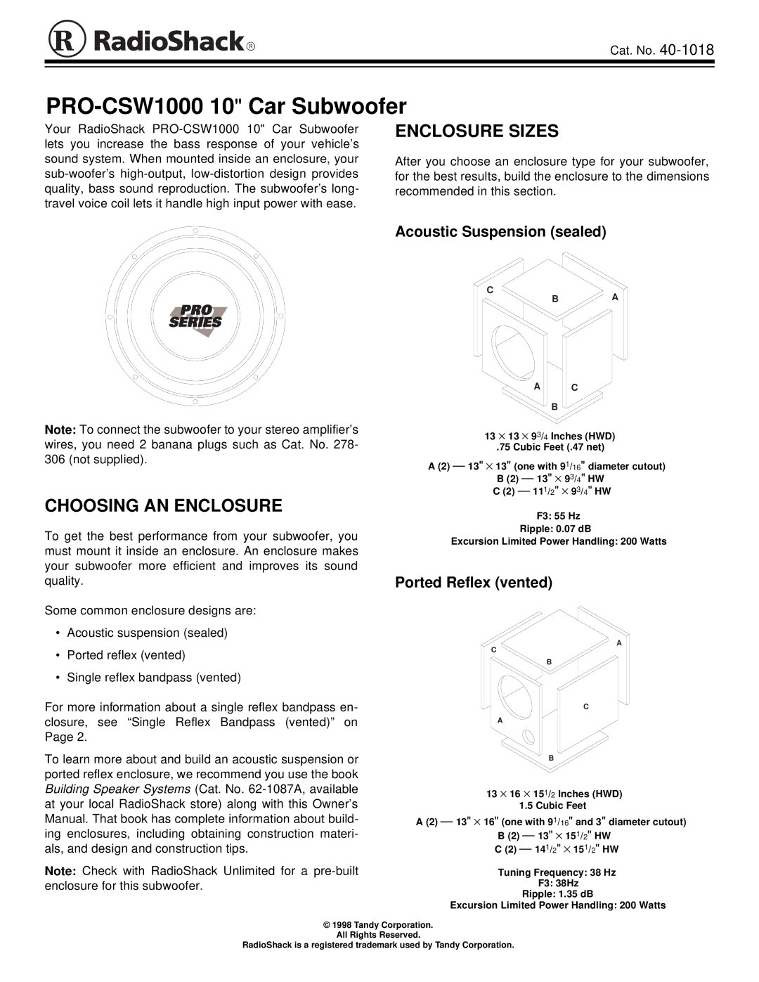 Radio Shack PRO-CSW1000 owner manual Enclosure Sizes, Choosing AN Enclosure, Acoustic Suspension sealed 