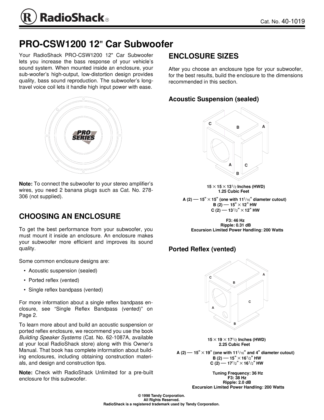 Radio Shack PRO-CSW1200 owner manual Enclosure Sizes, Choosing AN Enclosure, Acoustic Suspension sealed 