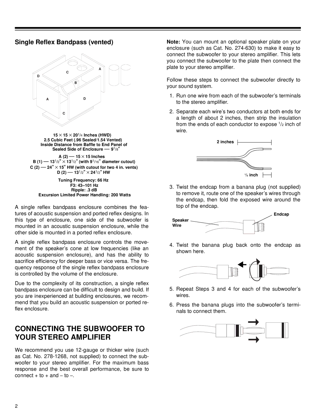 Radio Shack PRO-CSW1200 owner manual Connecting the Subwoofer to Your Stereo Amplifier, Single Reflex Bandpass vented 