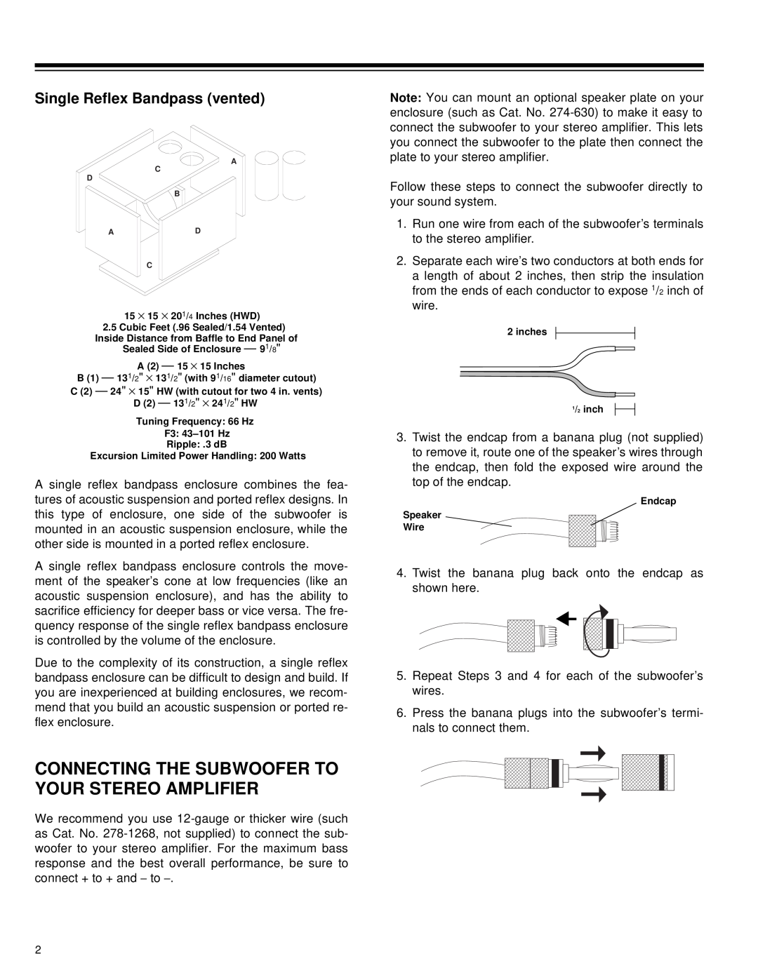 Radio Shack PRO-CSW1200 owner manual Connecting The Subwoofer To Your Stereo Amplifier, Single Reflex Bandpass vented 