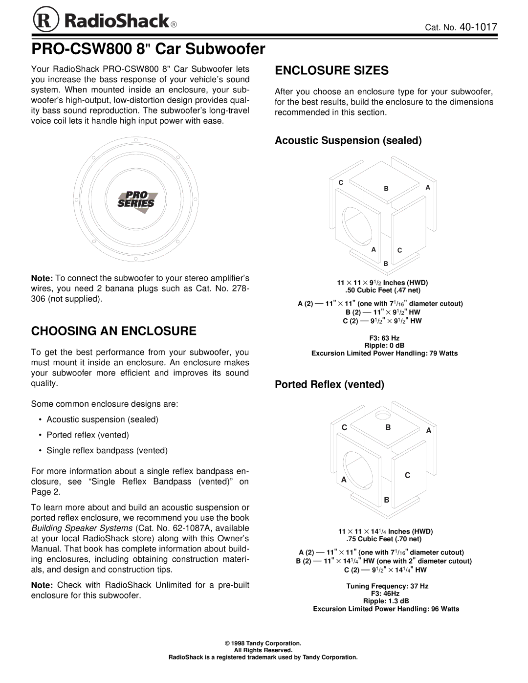 Radio Shack PRO-CSW800 owner manual Enclosure Sizes, Choosing AN Enclosure, Acoustic Suspension sealed 