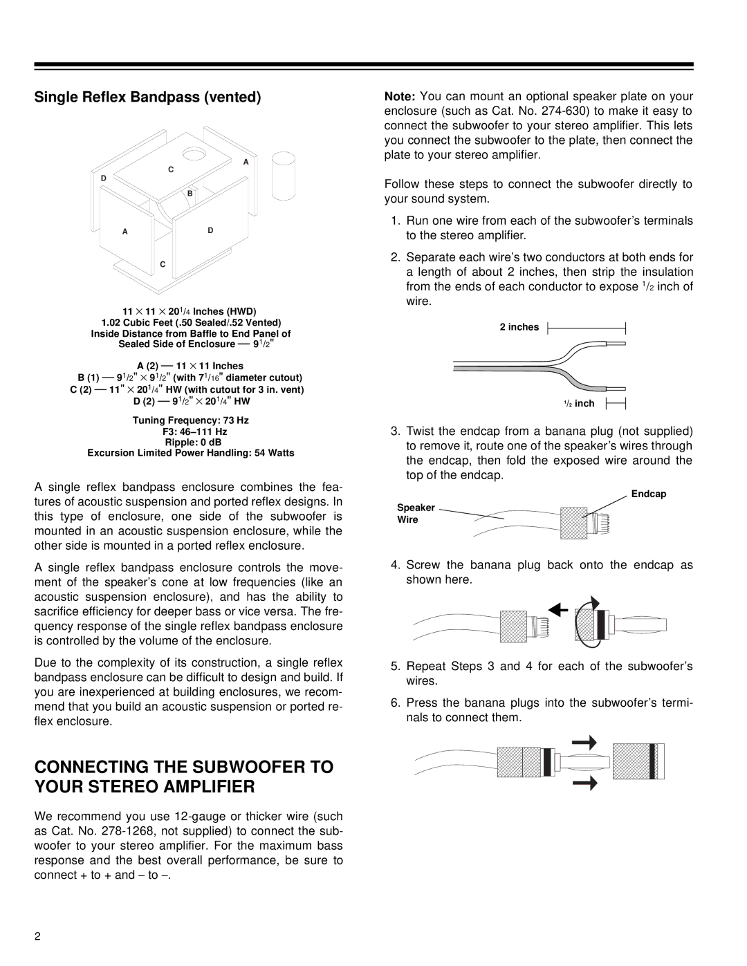 Radio Shack PRO-CSW800 owner manual Connecting the Subwoofer to Your Stereo Amplifier, Single Reflex Bandpass vented 