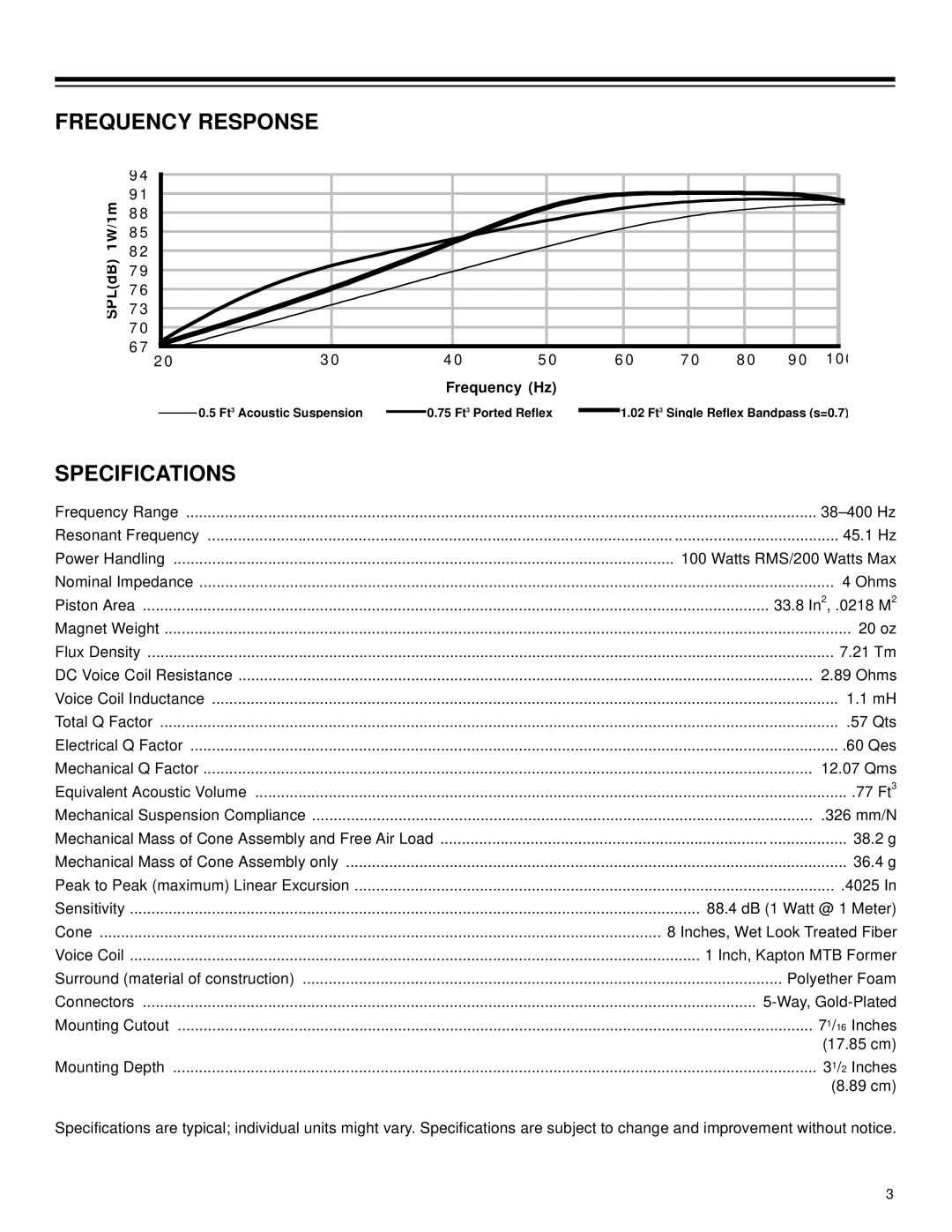 Radio Shack PRO-CSW800 owner manual Frequency Response, Specifications 