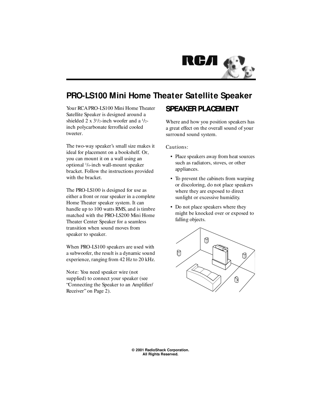 Radio Shack manual PRO-LS100 Mini Home Theater Satellite Speaker, Speaker Placement 