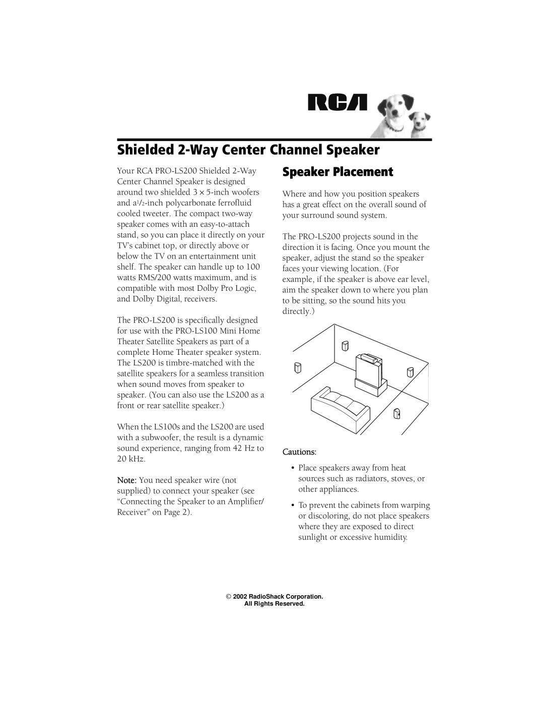 Radio Shack PRO-LS200 manual Shielded 2-Way Center Channel Speaker, Speaker Placement 