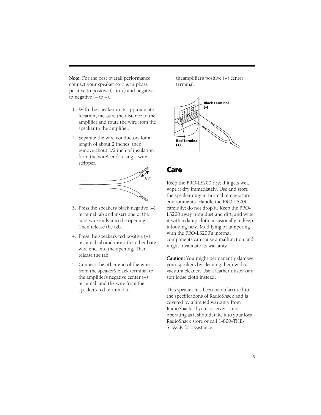 Radio Shack PRO-LS200 manual Care 