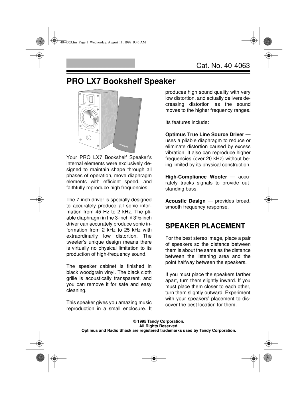 Radio Shack manual Speaker Placement, PRO LX7 Bookshelf Speaker, Cat. No 