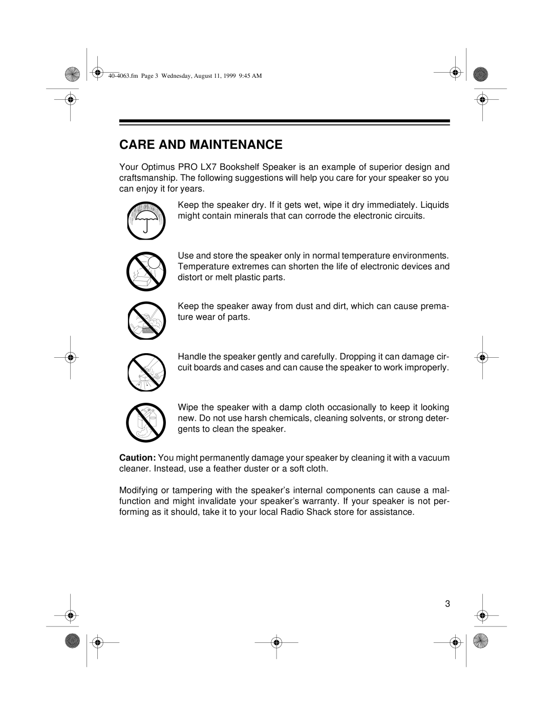 Radio Shack PRO LX7 manual Care And Maintenance 