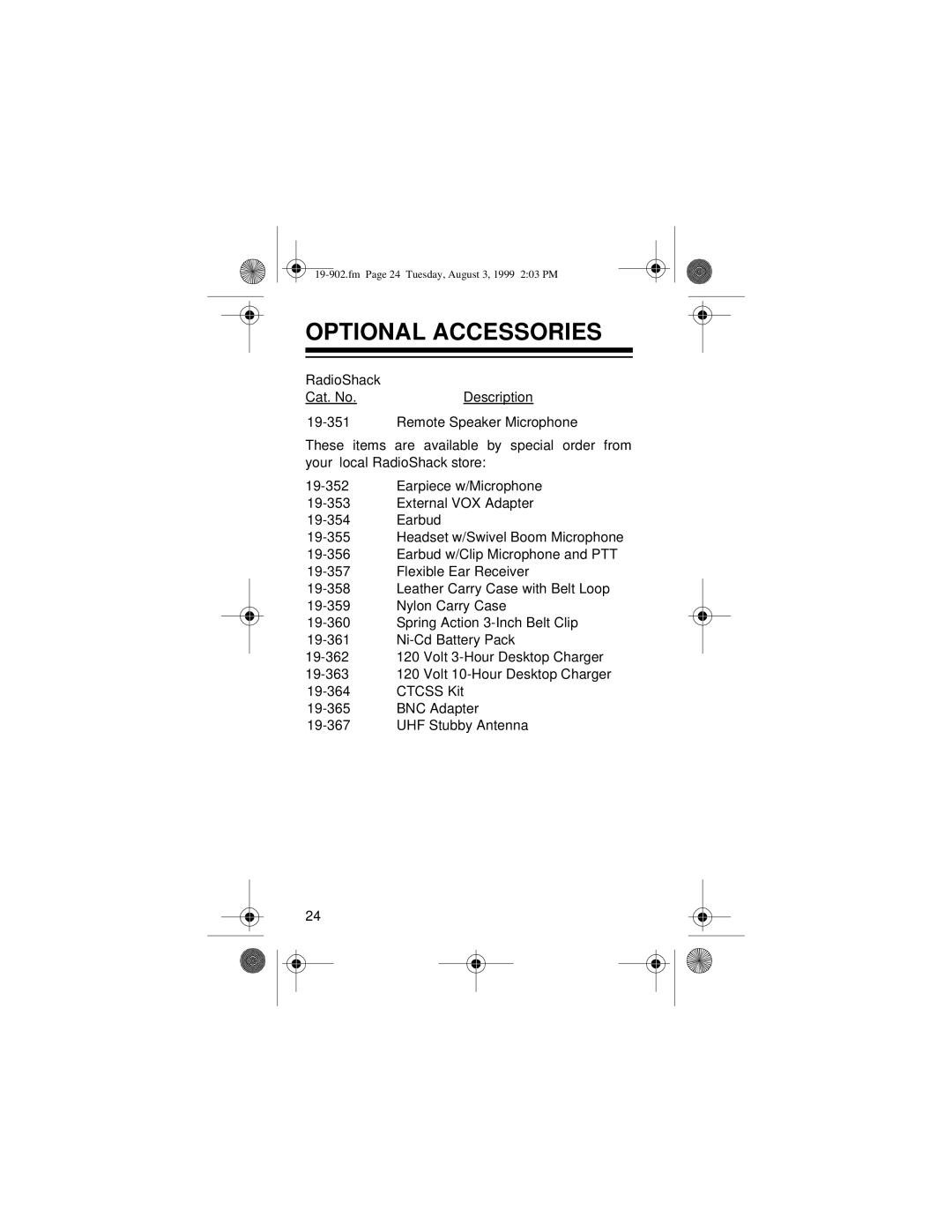 Radio Shack PRS-102 UHF owner manual Optional Accessories 