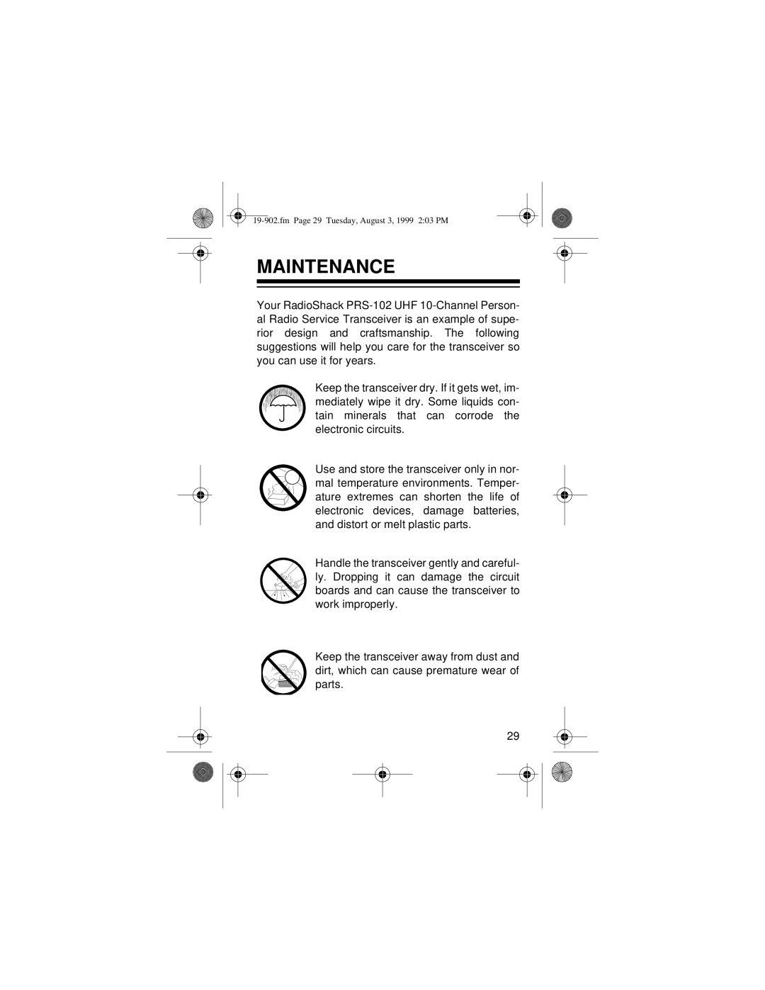 Radio Shack PRS-102 UHF owner manual Maintenance 