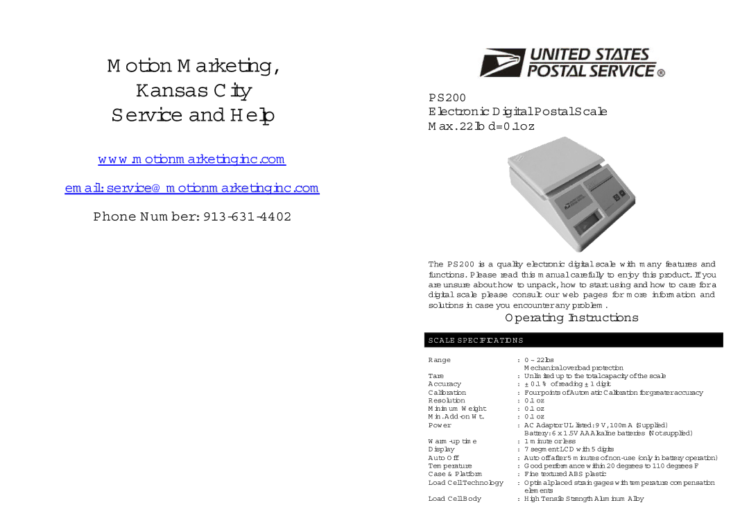 Radio Shack operating instructions PS200 Electronic DigitalPostalScale Ax.22lb d=0.1oz, Perating Instructions 