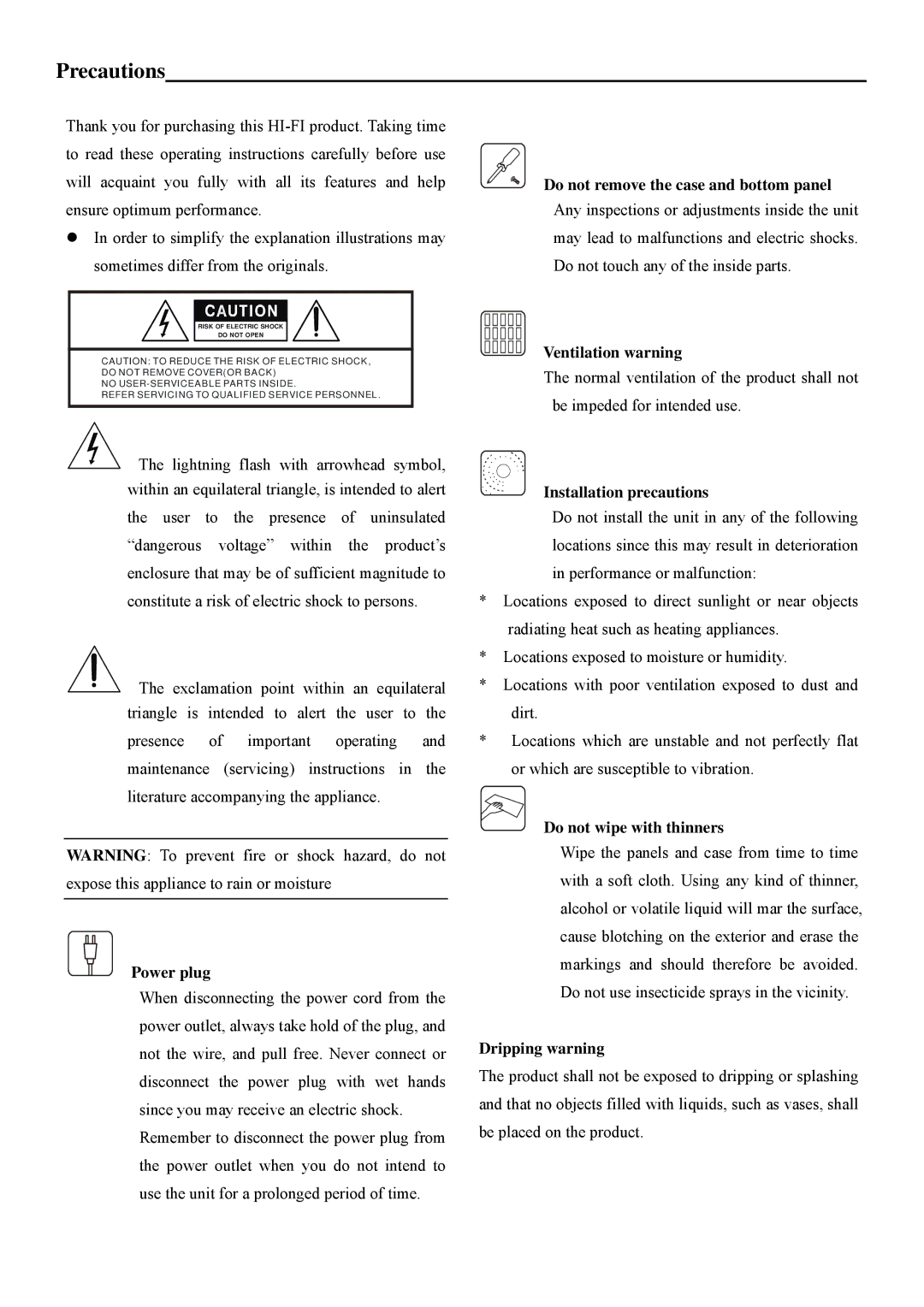 Radio Shack PT-668C manual Precautions, Power plug 