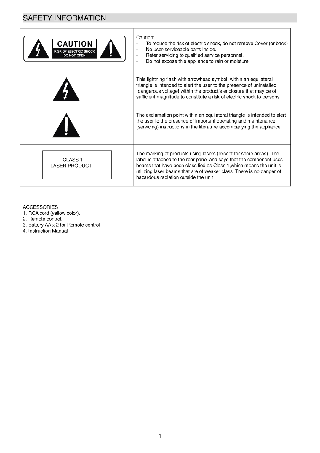 Radio Shack PT-990A manual Safety Information, Class, Laser Product, Accessories 