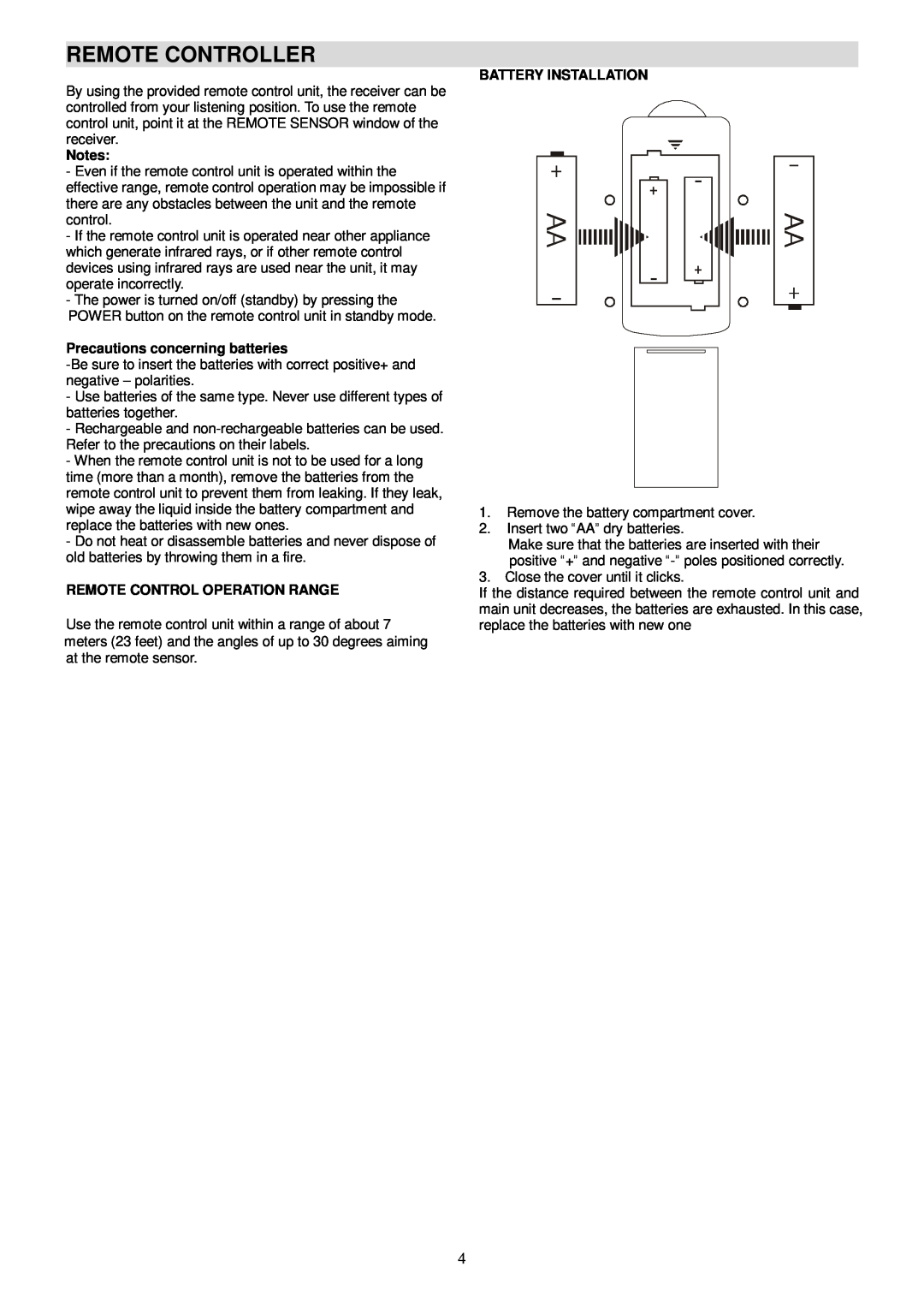 Radio Shack PT-990A manual Remote Controller, Precautions concerning batteries, Remote Control Operation Range 