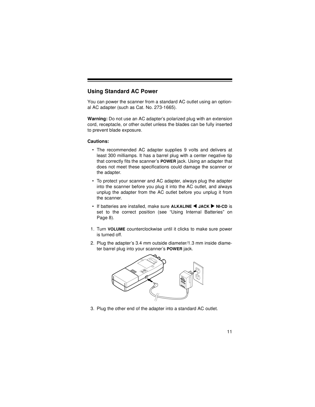 Radio Shack Race Scanner owner manual Using Standard AC Power 