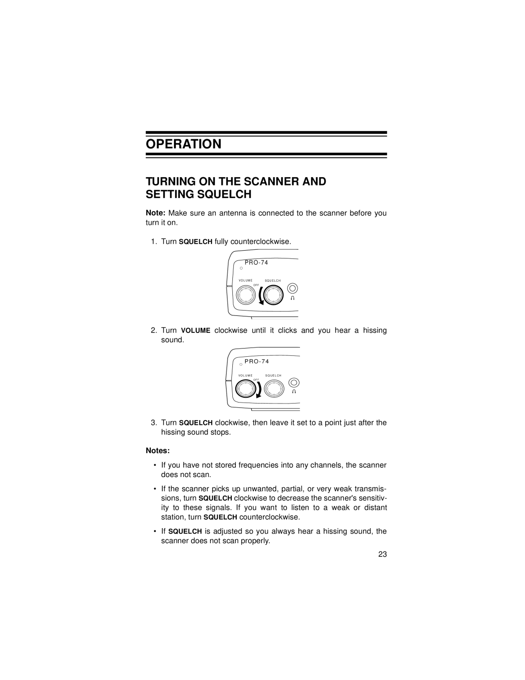 Radio Shack Race Scanner owner manual Operation, Turning on the Scanner Setting Squelch 