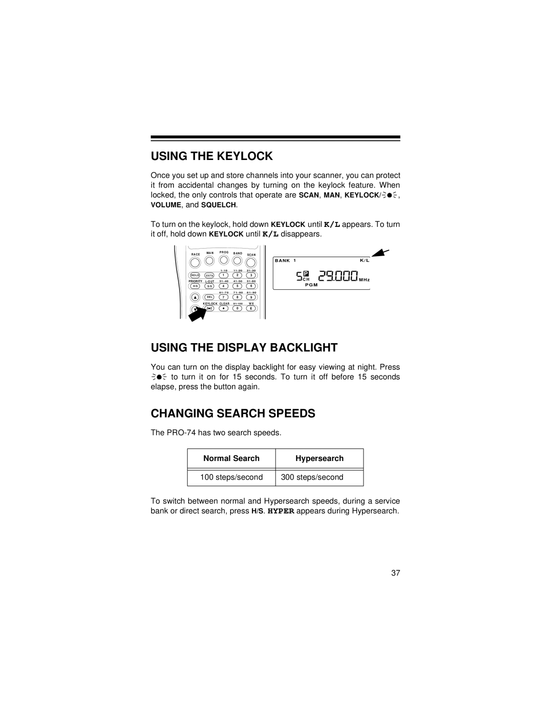 Radio Shack Race Scanner Using the Keylock, Using the Display Backlight, Changing Search Speeds, Normal Search Hypersearch 