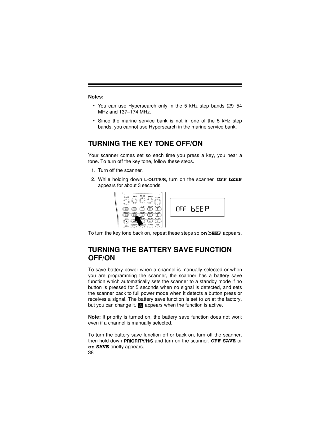 Radio Shack Race Scanner owner manual Turning the KEY Tone OFF/ON, Turning the Battery Save Function OFF/ON 